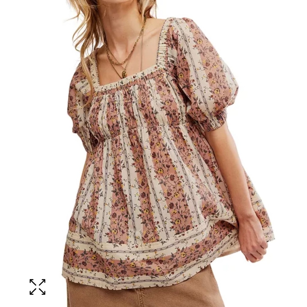 Free People Floral Puff Sleeve Top - Pink and Cream